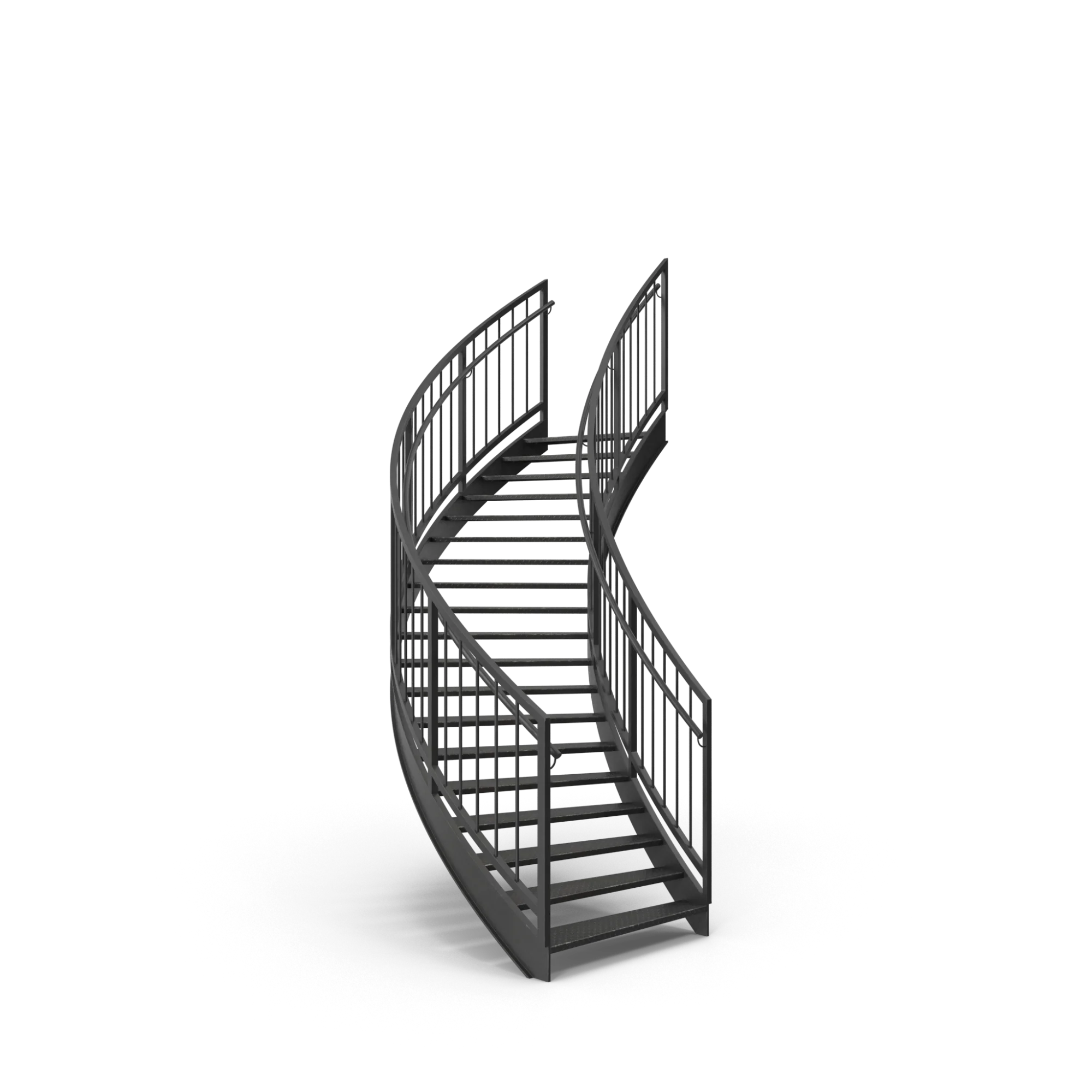 A streamlined external staircase with exposed steel framework